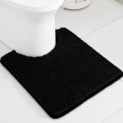 Black Toilet Rug U Shaped – Absorbent and Washable Contour Bathroom Rugs for Toilet, Non-Slip, Thick Soft Chenille Contoured Bath Mat - 20" x 24"