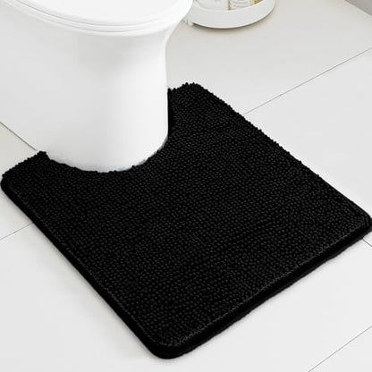 Black Toilet Rug U Shaped – Absorbent and Washable Contour Bathroom Rugs for Toilet, Non-Slip, Thick Soft Chenille Contoured Bath Mat - 20" x 24"