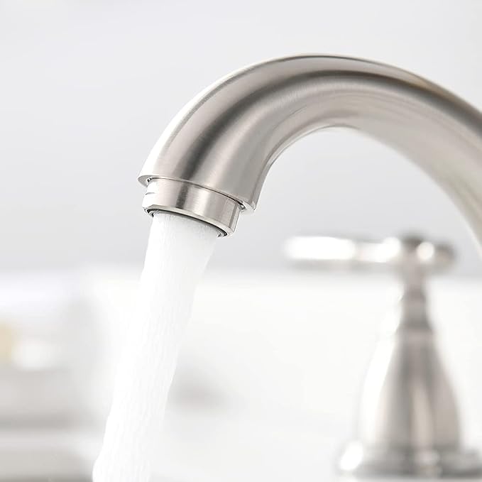 8 Inch 3 Holes Brushed Nickel Low Arc Widespread Bathroom Sink Faucet, 2 Handles Bathroom Faucet with Stainless Steel Pop Up Drain, WF008-4-BN