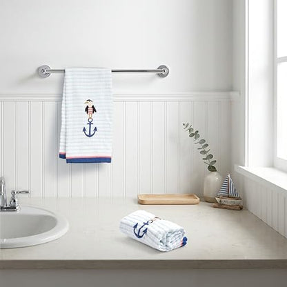 Ritz 2-Piece Cotton Velour Bathroom Hand Towel Set, Embroidered Anchor Seagull, Blue Pinstripe Coastal Towels for Lake House, Beach, Nautical Decor, 16” x 26”