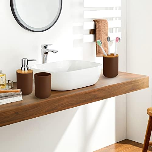 Bathroom Accessory Set, 6 Pcs Bathroom Essential Includes Toothbrush Holder, Toilet Brush with Soap Dispenser, Toothbrush Cup, Soap Dish, Trash Can (Brown, Bamboo)