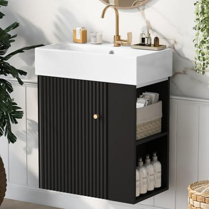 21.6 in Floating Bathroom Vanity with Sink,Soft Closing Doors,Solid Wood Frame & MDF Modern Single Small Black Bathroom Vanity Cabinet with Open Shelf,Wall Mounted