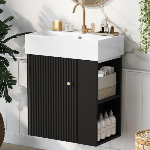 21.6 in Floating Bathroom Vanity with Sink,Soft Closing Doors,Solid Wood Frame & MDF Modern Single Small Black Bathroom Vanity Cabinet with Open Shelf,Wall Mounted