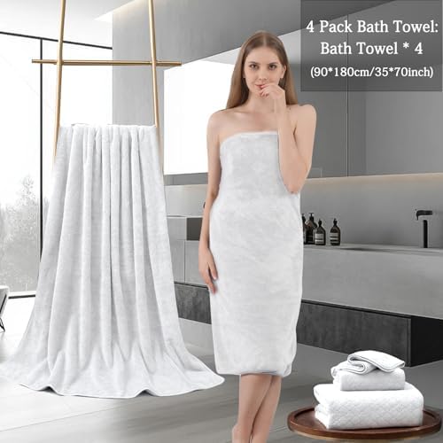 Ycosy Extra Large Bath Towels Set 35x70 Inches - White Luxury 600 GSM Oversized Bath Sheet Towel,Ultra Soft Microfiber - Quick Dry,Highly Absorbent Shower Towels Spa Hotel Bathroom Towel Set (4-Pack)