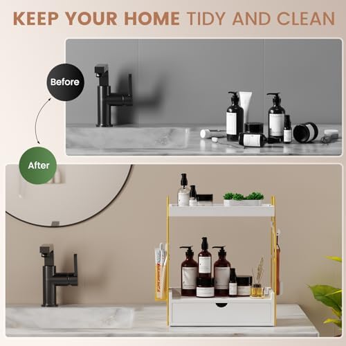 2 Tier Bathroom Counter Organizer with Drawer & Basket, Wooden Vanity Tray Countertop Shelf Accessories for Makeup Storage, Coffee Bar Station, Perfume Skincare, Kitchen, Bedroom (White)