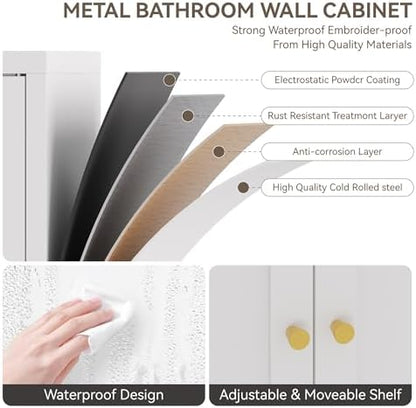 YAUWOH Metal Bathroom Storage Cabinet,Bathroom Floor Storage Cabinet with 2 Adjustable Shelves and 2 Doors,Freestanding Sideboard for Small Spaces, Living Room, Home Office, Dining Room,White