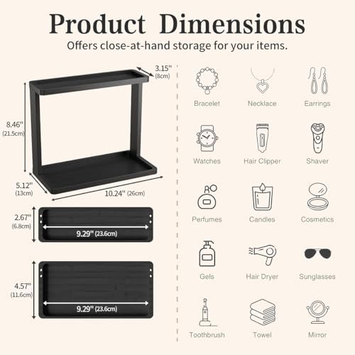 PEKER Bamboo Bathroom Organizer Countertop – Small Vanity Storage Shelf for Makeup, Perfume, Skincare – Natural Cosmetics Display Rack for Dresser, Sink, Kitchen –Black