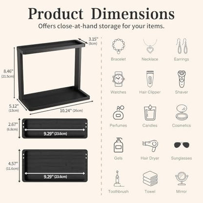 PEKER Bamboo Bathroom Organizer Countertop – Small Vanity Storage Shelf for Makeup, Perfume, Skincare – Natural Cosmetics Display Rack for Dresser, Sink, Kitchen –Black