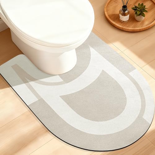ACCUMTEK Non Slip Bath Mat, Thin Bathroom Rugs Fit Under Door, Quick Dry Bath Mats, Machine Washable Bath Rugs for Bathroom, Bathtub & Kitchen, Light Beige/Bordered/U-Shaped 24"x20"