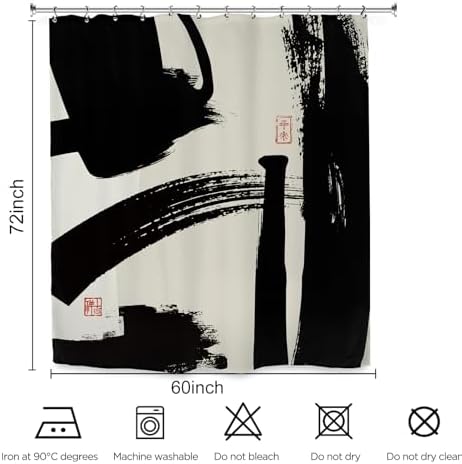 Abstract Black White Shower Curtain 60Wx72L Inch Brushstroke Modern Minimalist Contemporary Geometric Artwork Line Bathroom Set Accessories Decor with 12 Pack Hooks
