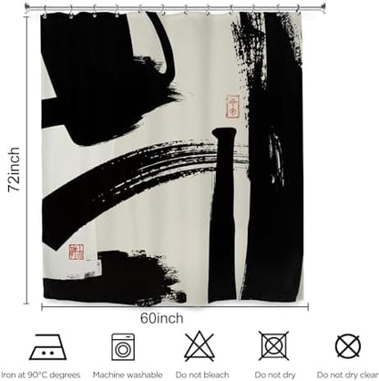Abstract Black White Shower Curtain 60Wx72L Inch Brushstroke Modern Minimalist Contemporary Geometric Artwork Line Bathroom Set Accessories Decor with 12 Pack Hooks