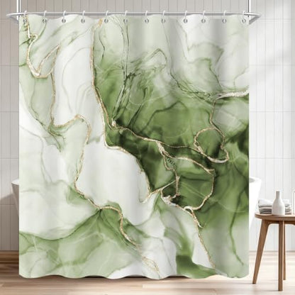 Green Marble Shower Curtain Modern Abstract Luxury Gold Ink Texture Gray Ombre Watercolor Bathroom Curtain Set with Hooks Soft and Lightweight Waterproof Fabric Machine Washable 66" WX72 L