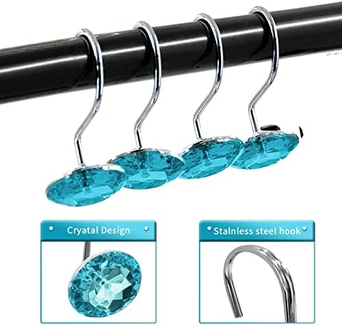Crystal Diamond Round Shower Curtain Hooks Rings for Bathroom,Aqua,12PCS