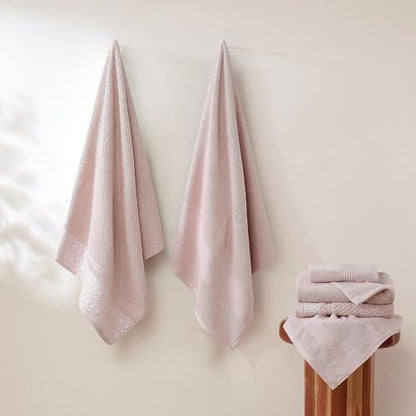 Modern Threads Astra 6-Piece 100% Cotton Towel Set – Jacquard Geometric Pattern – Includes 2 Bath Towels, 2 Hand Towels, 2 Washcloths – Absorbent, Quick Dry, Soft & Durable – Blush Pink