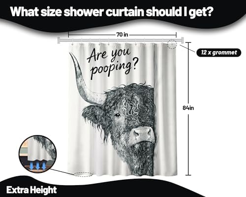 Funny Highland Cow Shower Curtain Western, 72x84 Inch