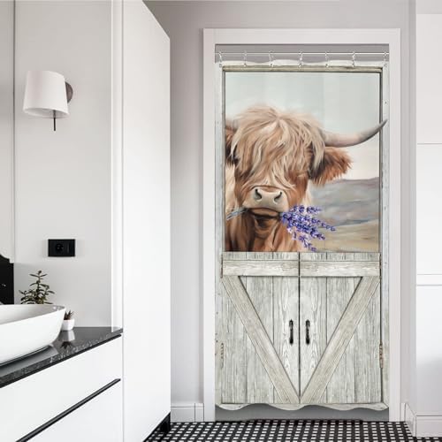 Stall Bull Highland Cow Shower Curtain 36Wx72L Inch Funny Barn Door Small Half Narrow Farmhouse Rustic Wood Wooden Vintage Animal Bathroom Set Accessories Decor with Plastic Hooks