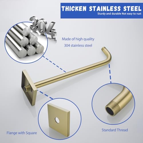 16 Inch Shower Head Extension Arm Wall Mounted Rainfall Extend Pipe Tube Stainless Steel Bathroom Accessories Brushed Gold,SW-91018-16BG-SQ.