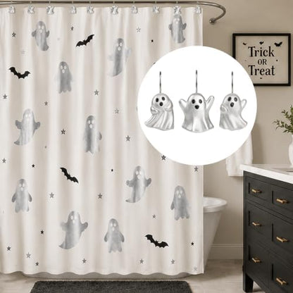 Sunlit Ghost Shower Curtain Hooks, Home Decorative Shower Curtain Rings for Bathroom, Halloween Shower Curtain Hangers Bathroom Accessories, Set of 12, Silver