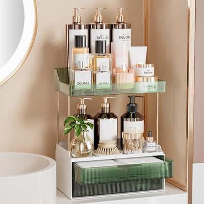 Delamu 4-Tier Makeup Organizer, Bathroom Counter Storage, 2 Drawers,Green