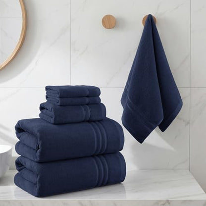 REDKISS Navy Towels Set 6 Piece Cotton Towel Sets with 2 Bath Towels, 2 Hand, 2 Washcloths, 650GSM Hotel Quality, Soft, Highly Absorbent Towels for Bathroom Gym, Ideal Everyday Use