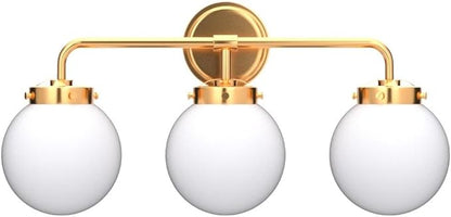 Gold Bathroom Vanity Light Fixtures Over Mirror, Modern Brass 3 Lights Wall Sconce with Milky Glass Ball Shade, Mid Century Farmhouse Vanity Lighting