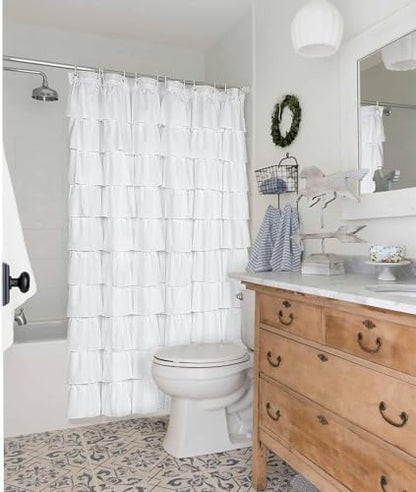 Volens White Shower Curtain Fabric Ruffle for Bathroom,72in Long