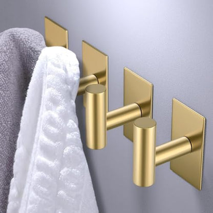 VAEHOLD Wall Towel Hooks, Heavy Duty Sticky Holder Waterproof Towel Hooks for Hanging Coat, Clothes, Closet Hook Wall Mount for Kitchen (Gold, 4 Pack)