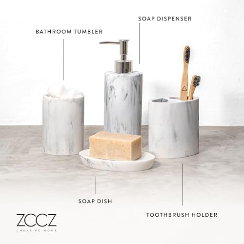 ZCCZ Bathroom Accessory Set, 4 Pcs Marble Look Bathroom Vanity Countertop Bathroom Décor Sets Accessories with Soap Dispenser, Toothbrush Holder Set, Tumbler, Soap Dish (White Marble Look Rounded)
