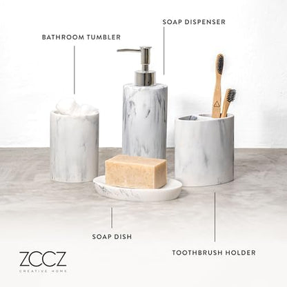 ZCCZ Bathroom Accessory Set, 4 Pcs Marble Look Bathroom Vanity Countertop Bathroom Décor Sets Accessories with Soap Dispenser, Toothbrush Holder Set, Tumbler, Soap Dish (White Marble Look Rounded)