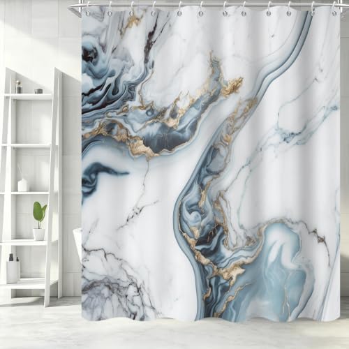 Ocean Blue Marble Shower Curtain Modern Abstract Luxury Gold Ink Texture Gray Ombre Watercolor Bathroom Curtain Set with Hooks Soft and Lightweight Waterproof Fabric Machine Washable 72"Wx84"L