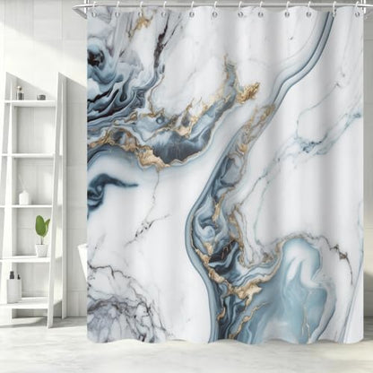 Ocean Blue Marble Shower Curtain Modern Abstract Luxury Gold Ink Texture Gray Ombre Watercolor Bathroom Curtain Set with Hooks Soft and Lightweight Waterproof Fabric Machine Washable 72"Wx84"L