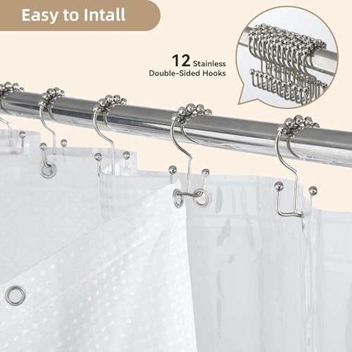 White Shower Curtain and Liner, 3 in 1 Waffle Shower Curtain Set with 12 Double Sided Shower Curtain Hooks, Fabric Shower Curtains for Bathroom 72 x 72
