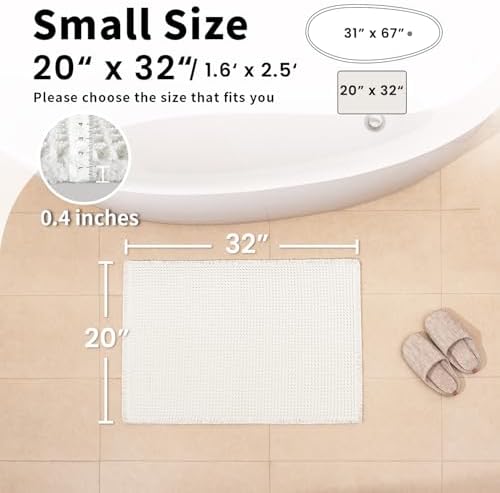 White Bathroom Rugs, Waffle Bath Mat Non Slip Washable, 20" x 32"
