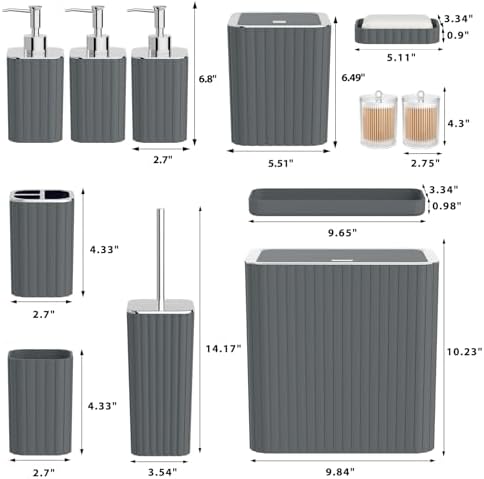 Bathroom Accessory Set - Bathroom Set, 12PC Bathroom Accessories Set, Grey Bathroom Accessories Set, Mini Trash Can, Toilet Brush, Trash Can & Soap Dispenser