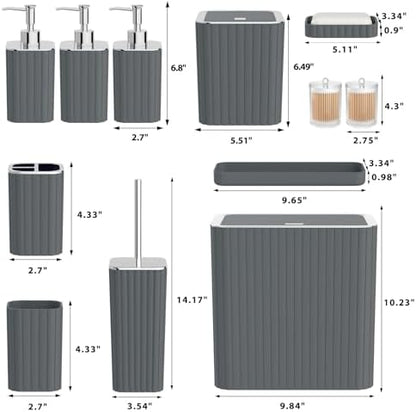 Bathroom Accessory Set - Bathroom Set, 12PC Bathroom Accessories Set, Grey Bathroom Accessories Set, Mini Trash Can, Toilet Brush, Trash Can & Soap Dispenser