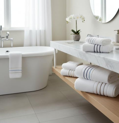 Bath Sheet Towel for Bathroom – Luxury 1-Piece Cotton Towels (70''x35''), Soft Absorbent & Quick Dry, 600 GSM Bath Towels for Bathroom, Hotel Spa Quality (White/Blue Azure, 1-Bath Sheet)