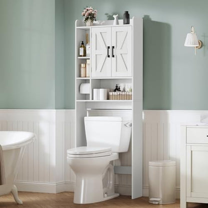 TEENFON Over The Toilet Storage Cabinet with 4 Open Shelves and Adjustable Shelf, Extra Tall Bathroom Organizer Unit with 2 Barn Doors, Home Space Saver for Bathroom, Laundry Room, White