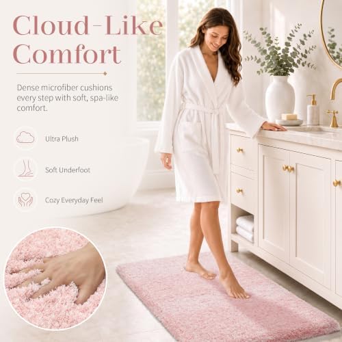 Yimobra Bath Rugs For Bathroom 32X20, Ultra Soft and Water Absorbent Bath Mats, Non Slip Plush Shower Mat Outside, Microfiber Thick Matts for Bathroom Floor/Tub, Machine Washable, Light Pink and White