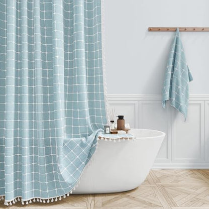 BTTN 60x72 Boho Farmhouse Linen Heavy Duty Shower Curtain Set, Fog Blue