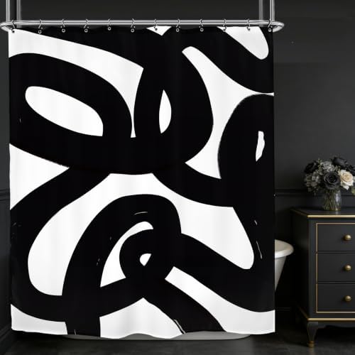 Abstract Black White Shower Curtain 60Wx72L Inch Modern Minimalist Geometric Contemporary Geometric Line Neutral Simple Bathroom Set Accessories Decor with 12 Pack Hooks