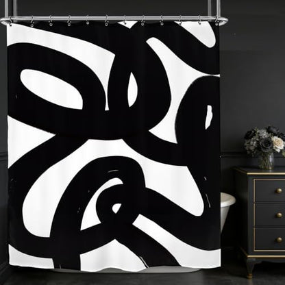 Abstract Black White Shower Curtain 60Wx72L Inch Modern Minimalist Geometric Contemporary Geometric Line Neutral Simple Bathroom Set Accessories Decor with 12 Pack Hooks