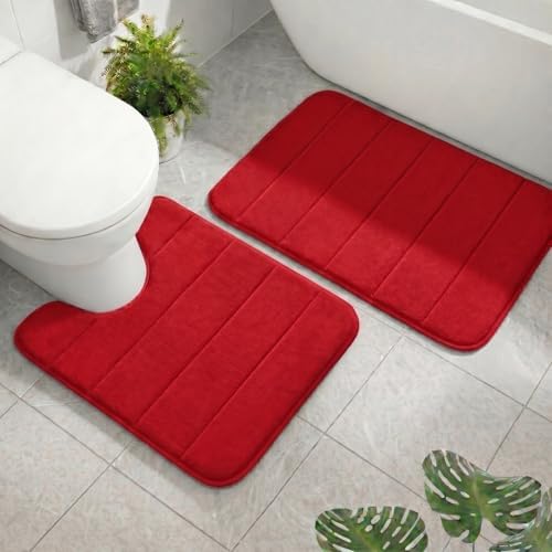 2 Piece Memory Foam Bath Mat Set, Extra Soft Absorbent Bathroom Rugs with U-Shaped Toilet Rug, Non-Slip Backing, Machine Washable, 24x16 + 20x20 U-Shaped, Red