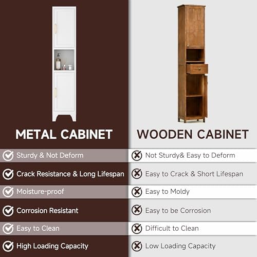 67" Tall Bathroom Storage Cabinet, Narrow Freestanding Bathroom Cabinet with 2 Doors & Adjustable Shelves, Slim Vertical Organizer for Bathroom, Entryway, Kitchen,Living Room（White）