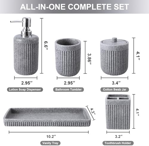 XLHOMO Resin Grey Bathroom Accessories Set 5 Pcs, Lotion Soap Dispenser, Toothbrush Holder, Bathroom Tumbler, Qtip Holder and Vanity Tray, Bathroom Countertop Organizer Set for Modern Home Apartment