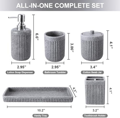 XLHOMO Resin Grey Bathroom Accessories Set 5 Pcs, Lotion Soap Dispenser, Toothbrush Holder, Bathroom Tumbler, Qtip Holder and Vanity Tray, Bathroom Countertop Organizer Set for Modern Home Apartment