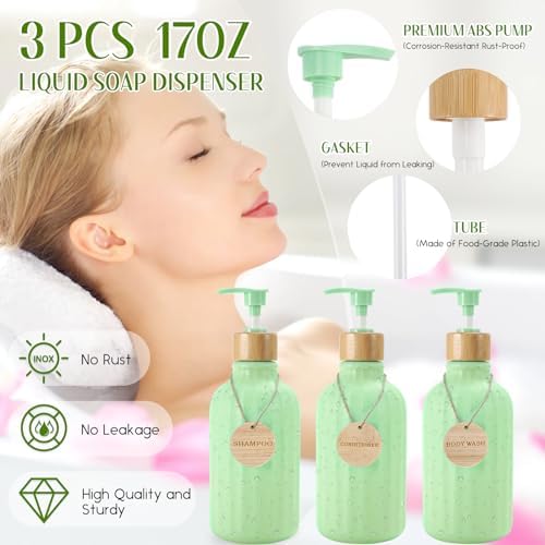 XLHOMO Green Bathroom Accessories Set 17PCS Bathroom Set with Trash Can 3PCS Lotion Soap Dispenser, Toothbrush Holder, 6PCS Wood Tags Bath Accessories with Tray for Kitchen Bathroom