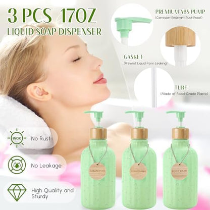 XLHOMO Green Bathroom Accessories Set 17PCS Bathroom Set with Trash Can 3PCS Lotion Soap Dispenser, Toothbrush Holder, 6PCS Wood Tags Bath Accessories with Tray for Kitchen Bathroom