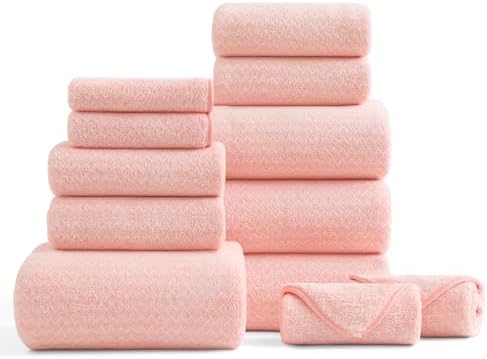 Ultra Soft Bath Towel Set,12 Piece (4 Bath Towels,4 Hand Towels,4 Washcloths) Family Bathroom Towel Set with Hanging Loops,Quick Dry Extra Absorbent Fluffy Shower Towel for Bathroom,Hotel,Spa-Pink