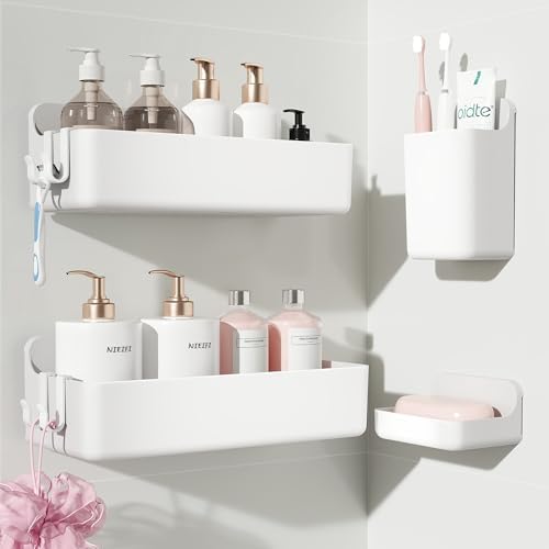 Nieifi Adhesive Shower Shelves, White, 4 Pieces