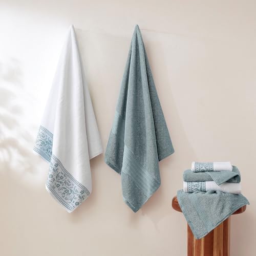 Modern Threads Allie 6-Piece 100% Cotton Towel Set – Jacquard Floral Border – Includes 2 Bath Towels, 2 Hand Towels, 2 Washcloths – Absorbent, Quick Dry, Soft & Durable – Seafoam